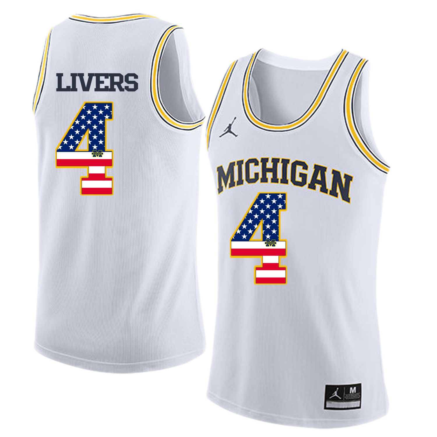 Men Jordan University of Michigan Basketball White #4 Livers Flag Customized NCAA Jerseys